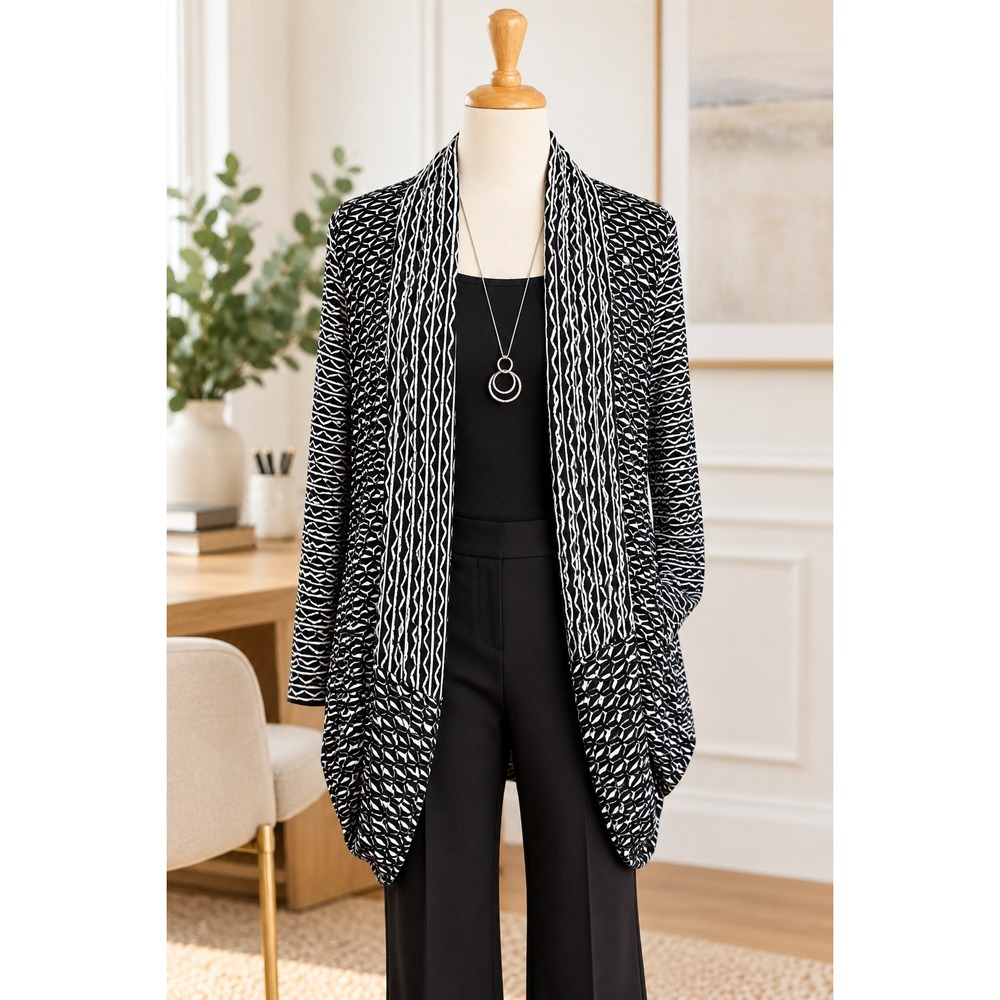 Joseph Ribkoff Black White Geometric Draped Cardigan Office Workwear Size 8